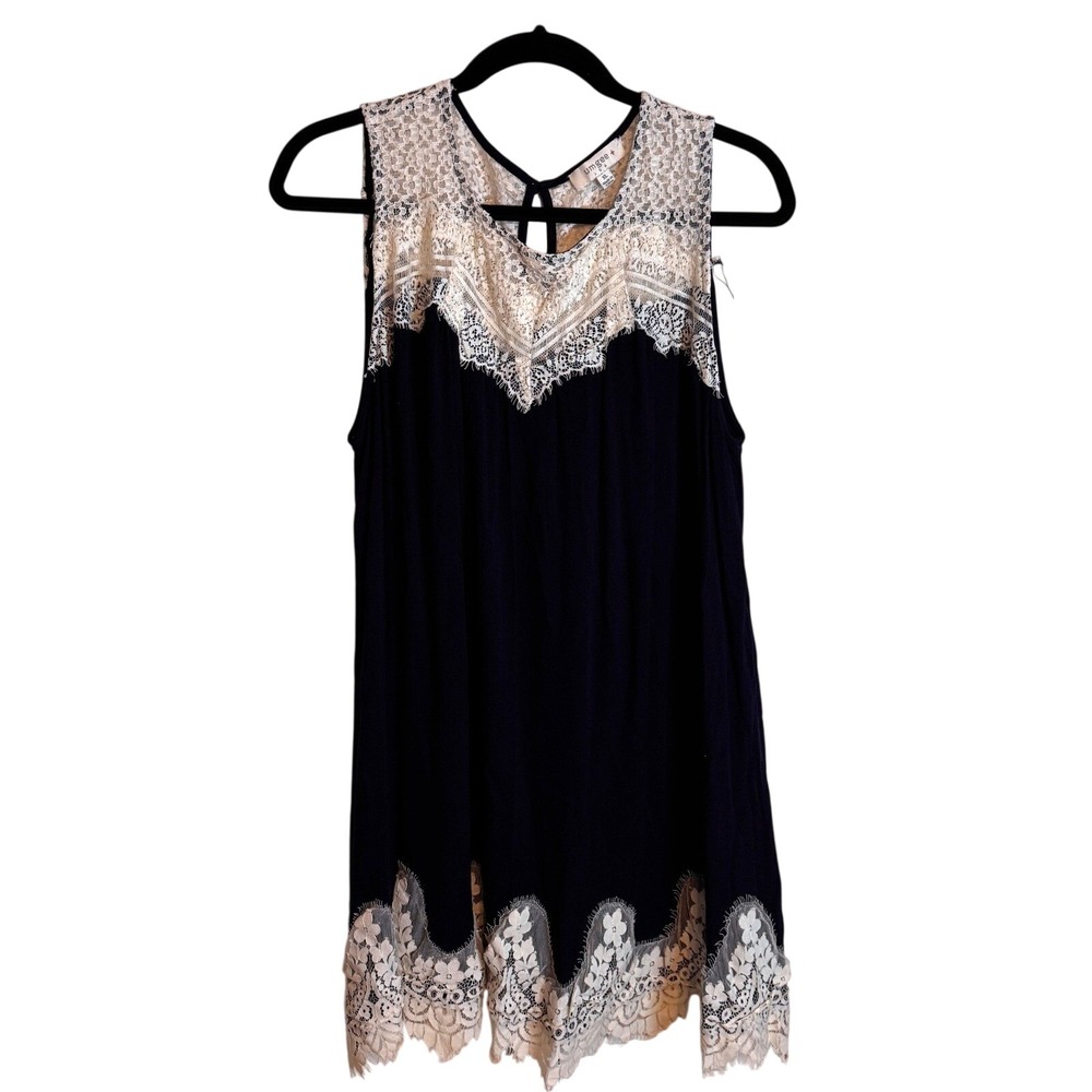 Umgee Sleeveless‎ Top Lace Trim XL Navy Blue Women Boho Peasant Tank Mini Dress